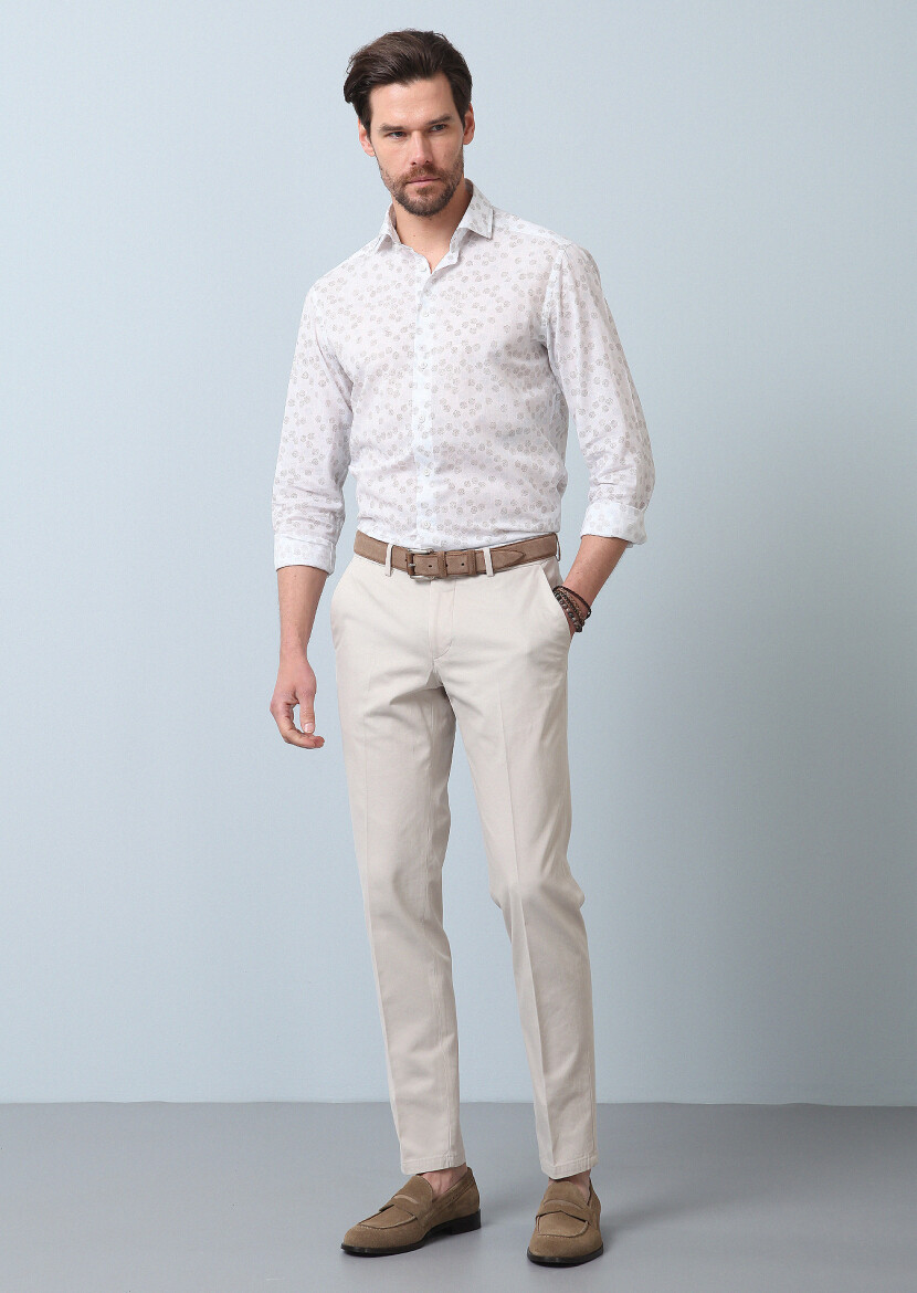 Bej Düz Dokuma Regular Fit Smart Casual Pamuk Karışımlı Pantolon 