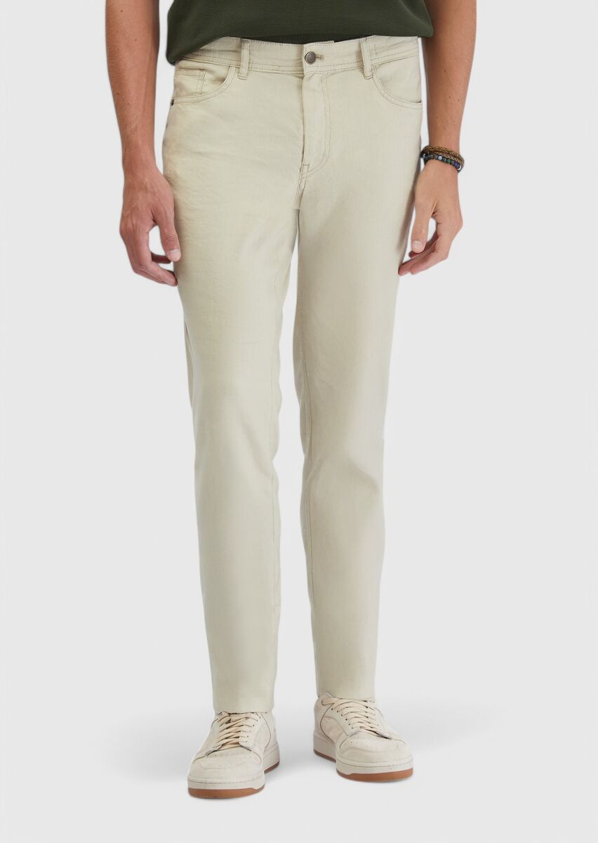 Bej Düz Dokuma Slim Fit Casual Keten Karışımlı Pantolon - 2