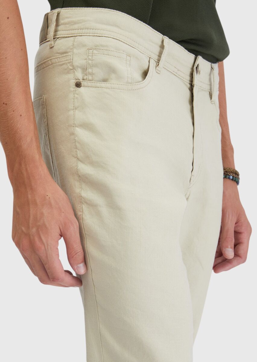 Bej Düz Dokuma Slim Fit Casual Keten Karışımlı Pantolon - 4