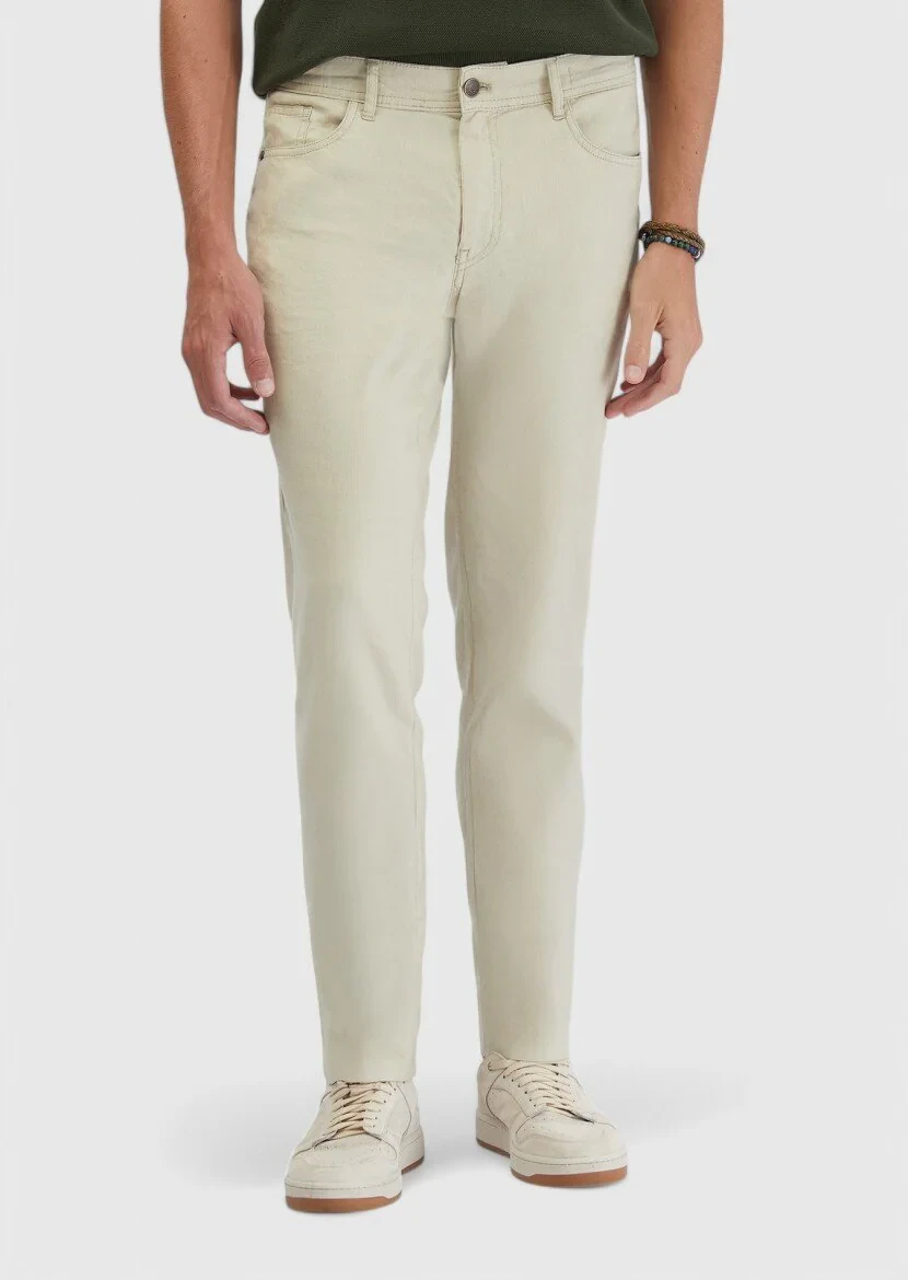 Bej Düz Dokuma Slim Fit Casual Keten Karışımlı Pantolon 