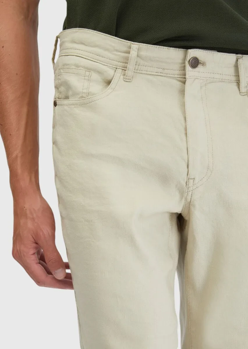 Bej Düz Dokuma Slim Fit Casual Keten Karışımlı Pantolon - 3