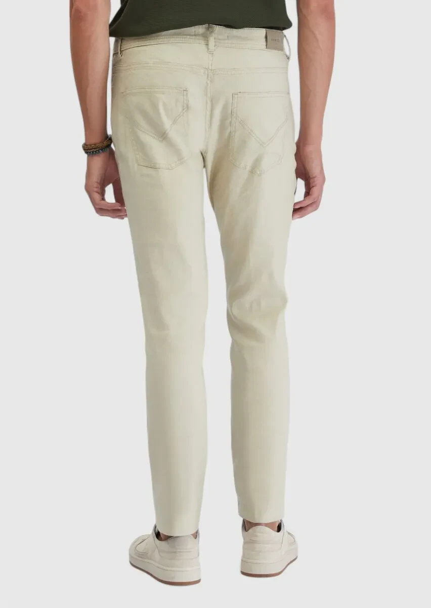 Bej Düz Dokuma Slim Fit Casual Keten Karışımlı Pantolon - 5