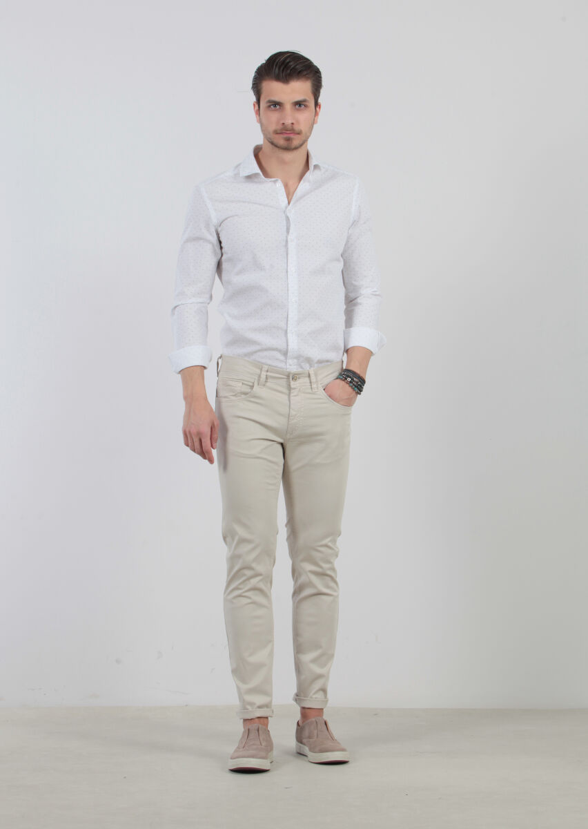 Bej Düz Dokuma Slim Fit Casual Pamuk Karışımlı Pantolon - 1
