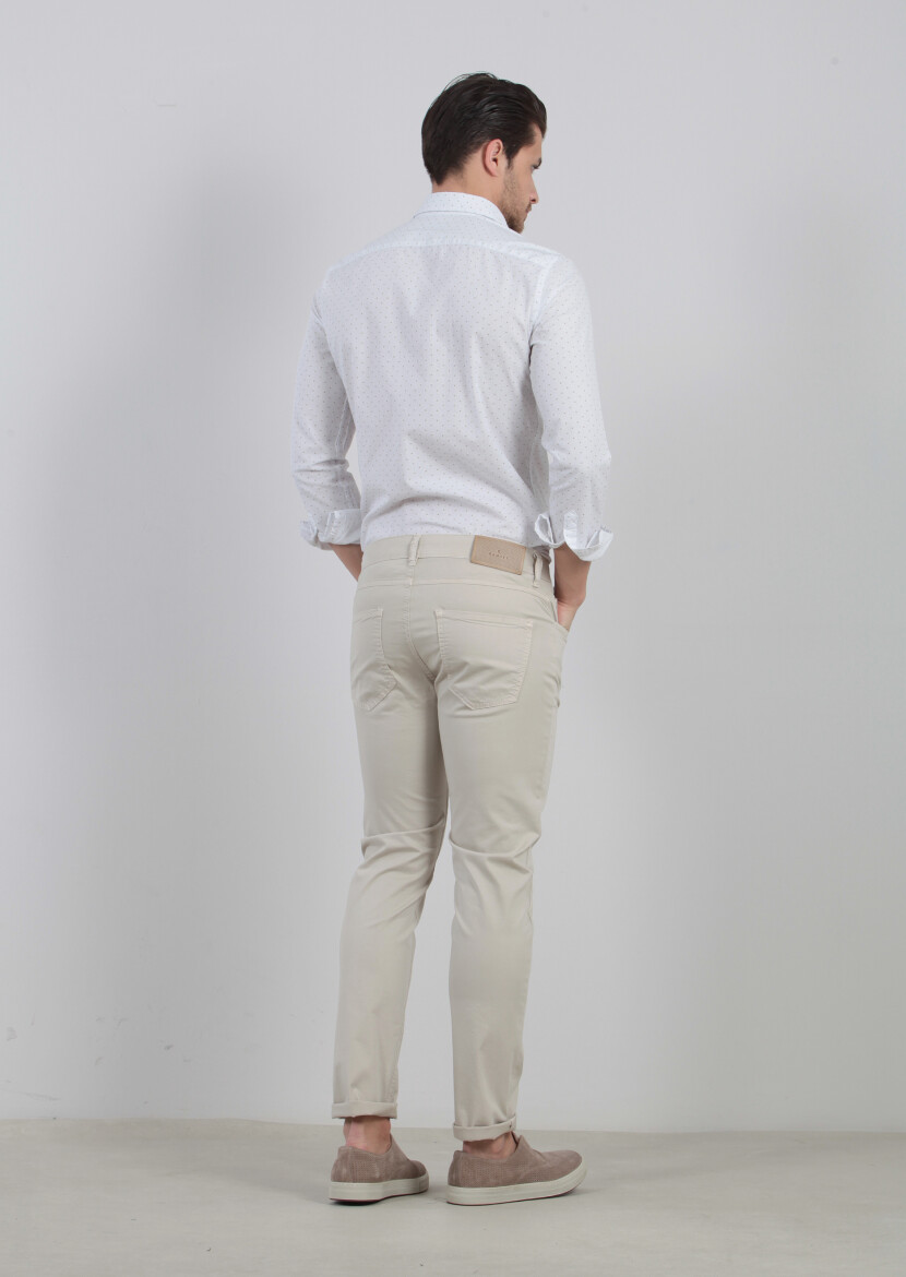 Bej Düz Dokuma Slim Fit Casual Pamuk Karışımlı Pantolon - 3