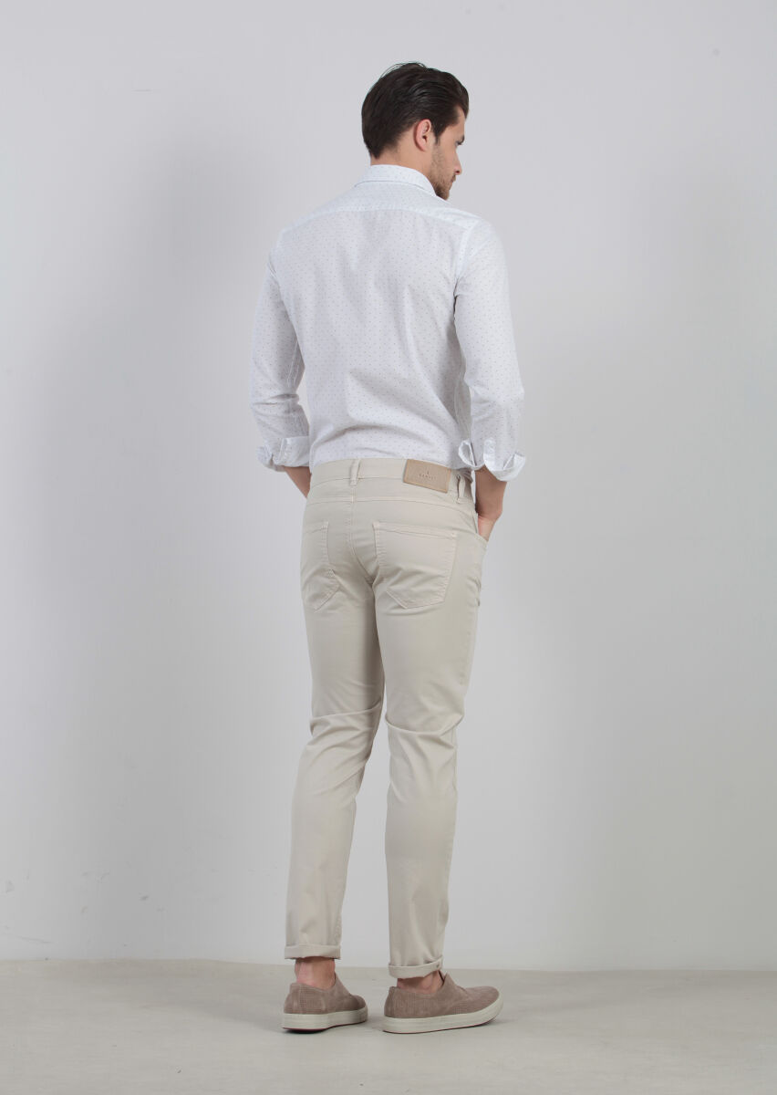 Bej Düz Dokuma Slim Fit Casual Pamuk Karışımlı Pantolon - 3