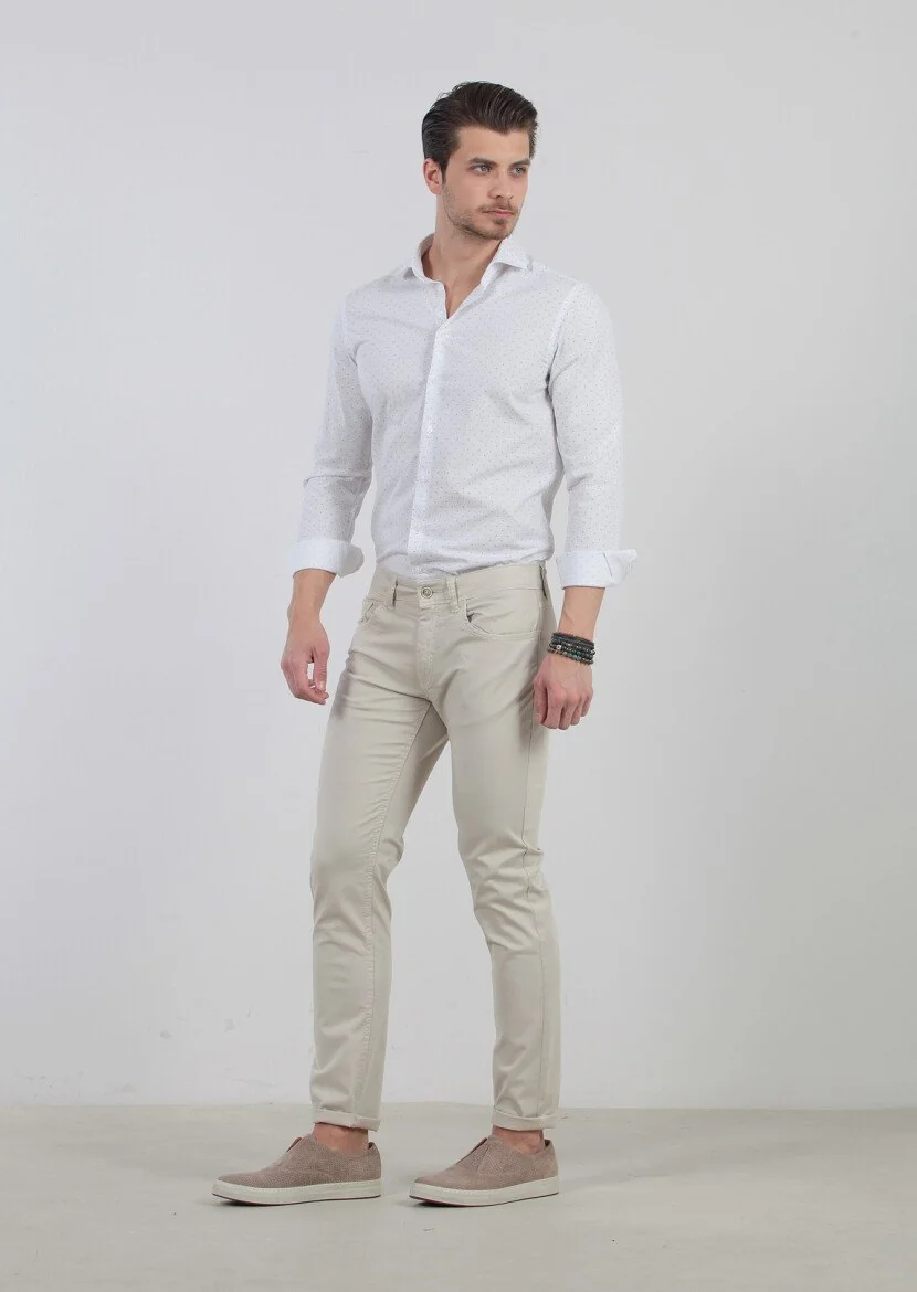 Bej Düz Dokuma Slim Fit Casual Pamuk Karışımlı Pantolon 