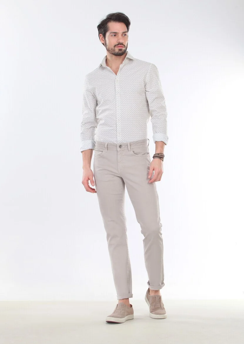 Bej Düz Dokuma Slim Fit Casual Pamuk Karışımlı Pantolon 