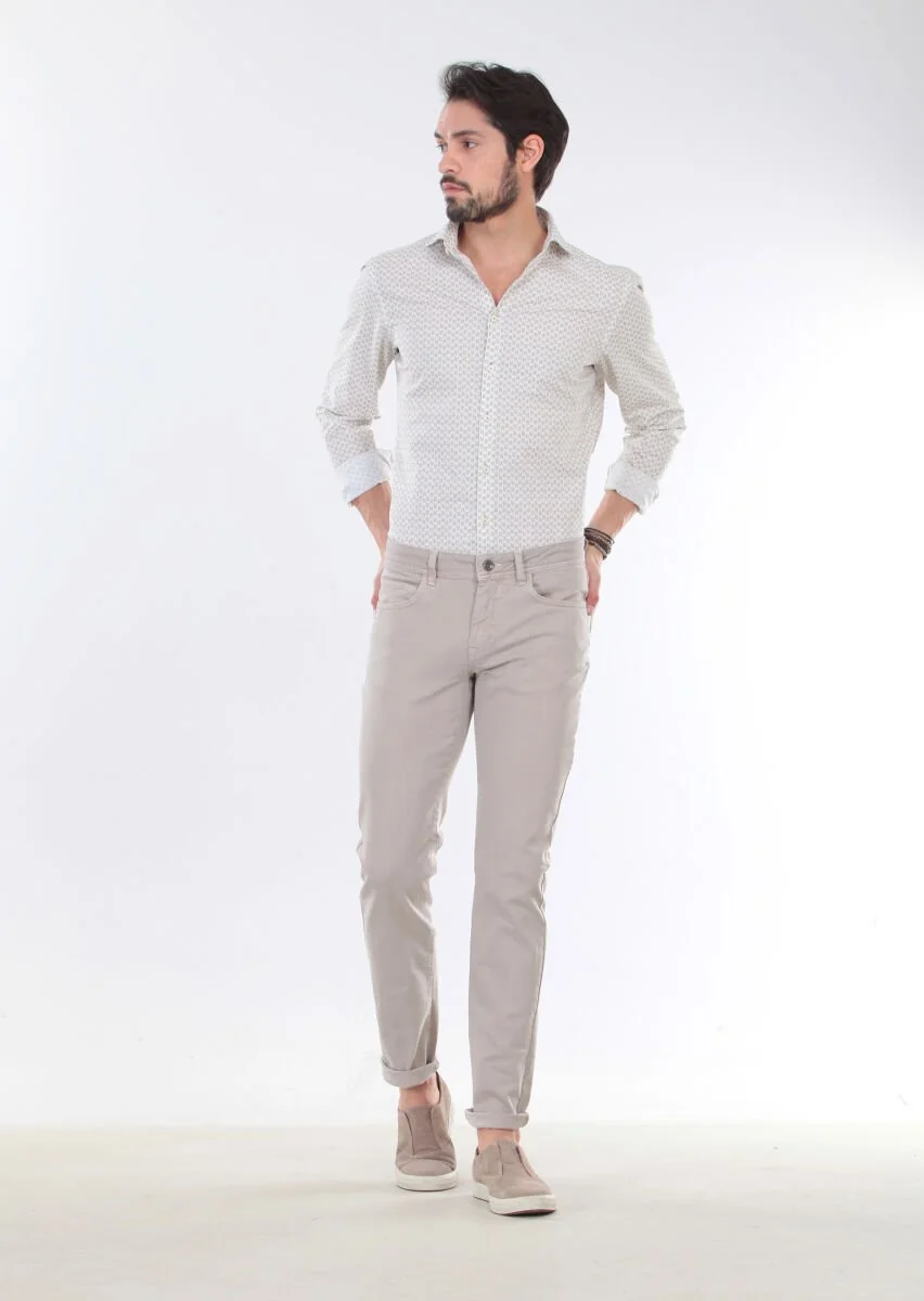Bej Düz Dokuma Slim Fit Casual Pamuk Karışımlı Pantolon - 3