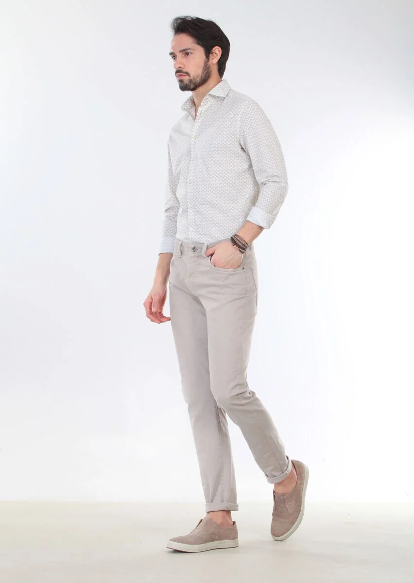 Bej Düz Dokuma Slim Fit Casual Pamuk Karışımlı Pantolon - 4