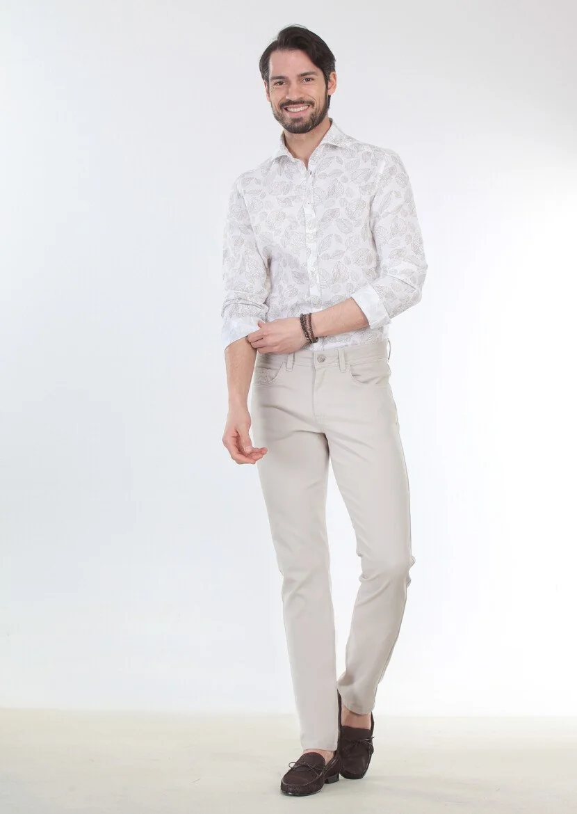 Bej Düz Dokuma Slim Fit Casual Pamuk Karışımlı Pantolon - 1