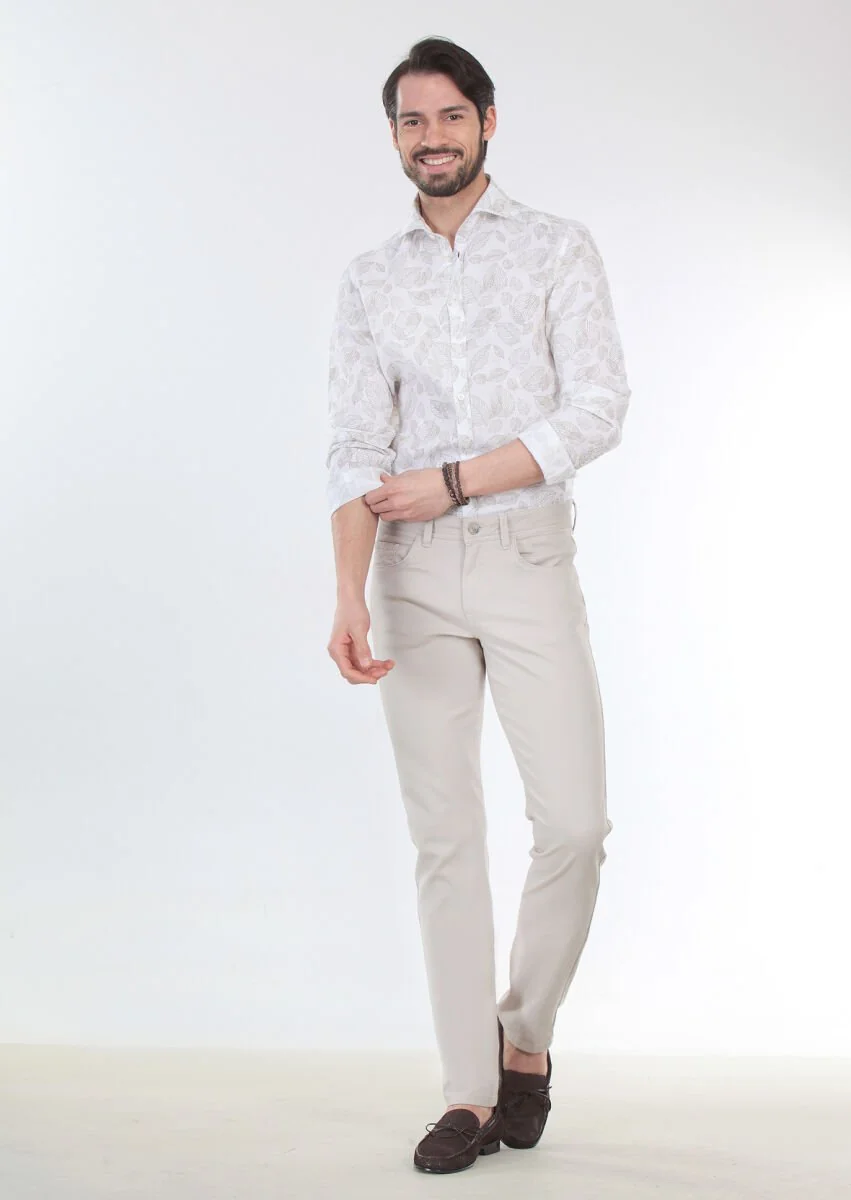 Bej Düz Dokuma Slim Fit Casual Pamuk Karışımlı Pantolon - 1