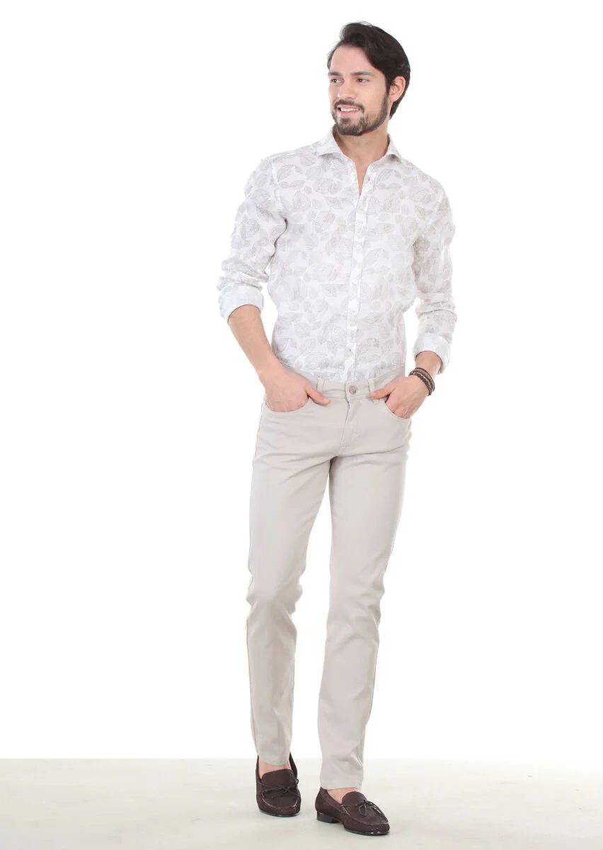 Bej Düz Dokuma Slim Fit Casual Pamuk Karışımlı Pantolon - 4