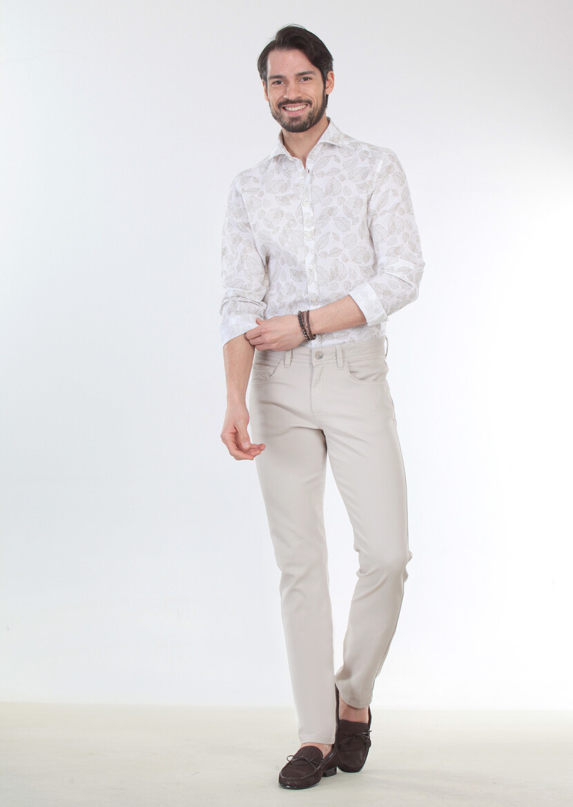 Bej Düz Dokuma Slim Fit Casual Pamuk Karışımlı Pantolon 