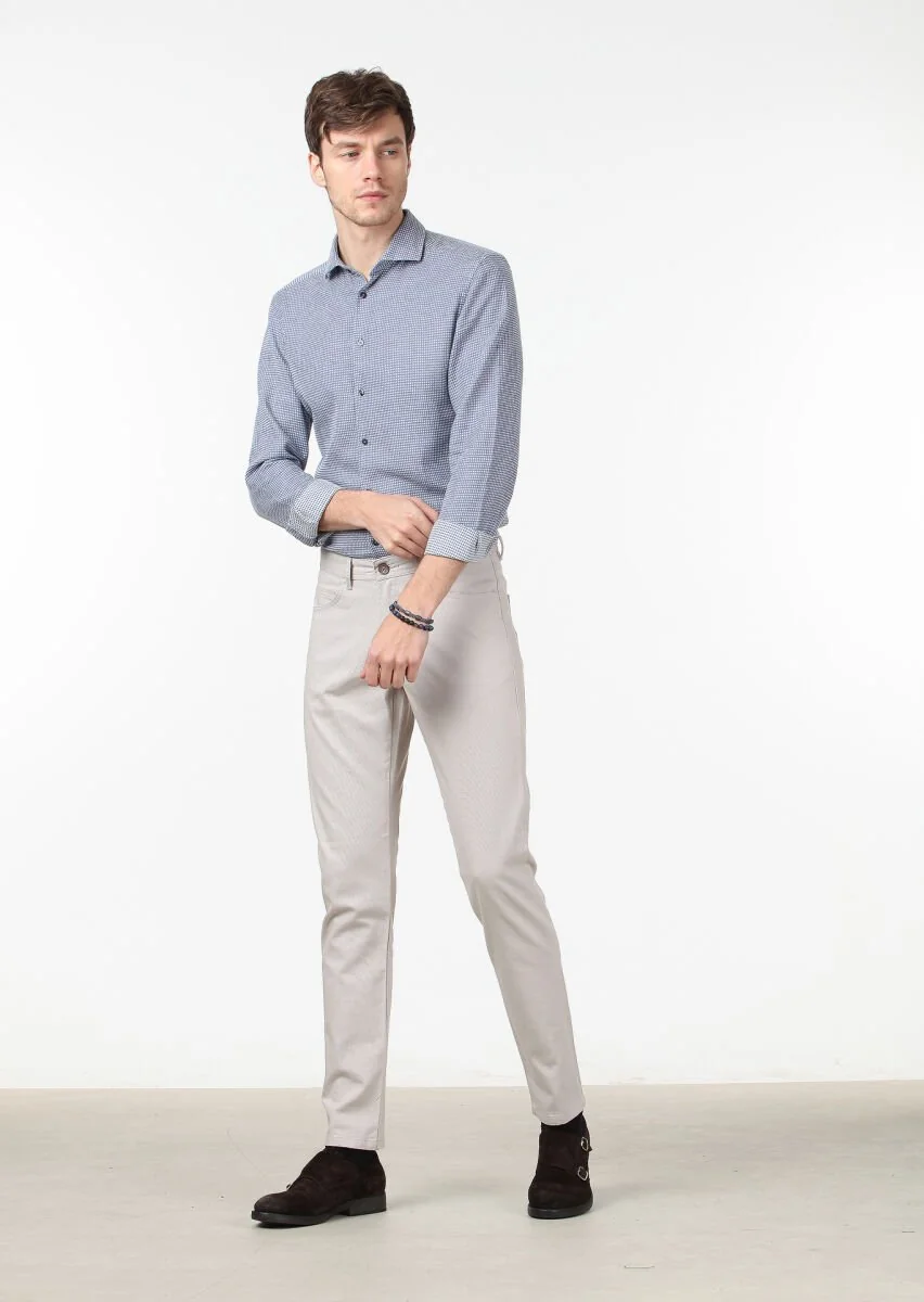 Bej Düz Dokuma Slim Fit Casual Pamuk Karışımlı Pantolon - 1