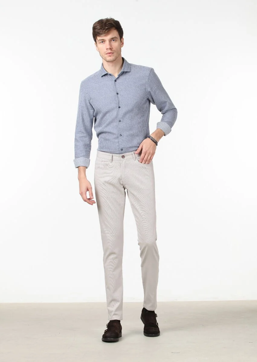 Bej Düz Dokuma Slim Fit Casual Pamuk Karışımlı Pantolon - 2