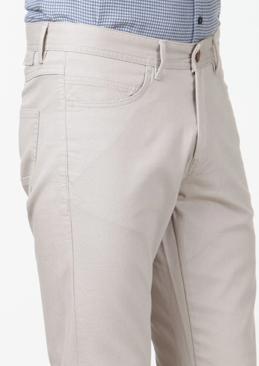 Bej Düz Dokuma Slim Fit Casual Pamuk Karışımlı Pantolon - 3