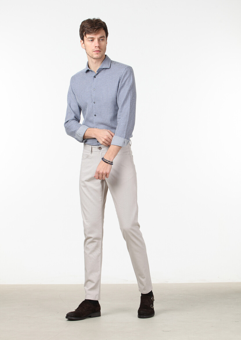 Bej Düz Dokuma Slim Fit Casual Pamuk Karışımlı Pantolon - 1