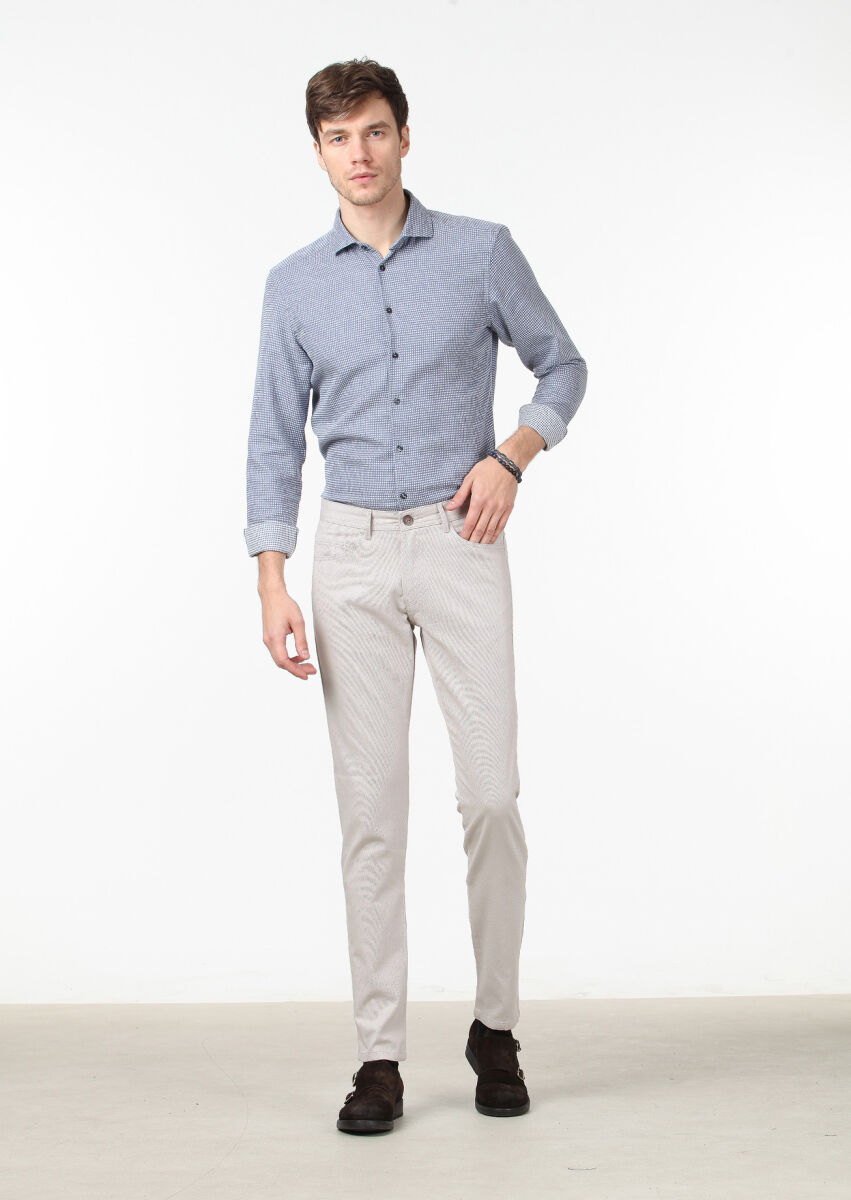 Bej Düz Dokuma Slim Fit Casual Pamuk Karışımlı Pantolon - 2