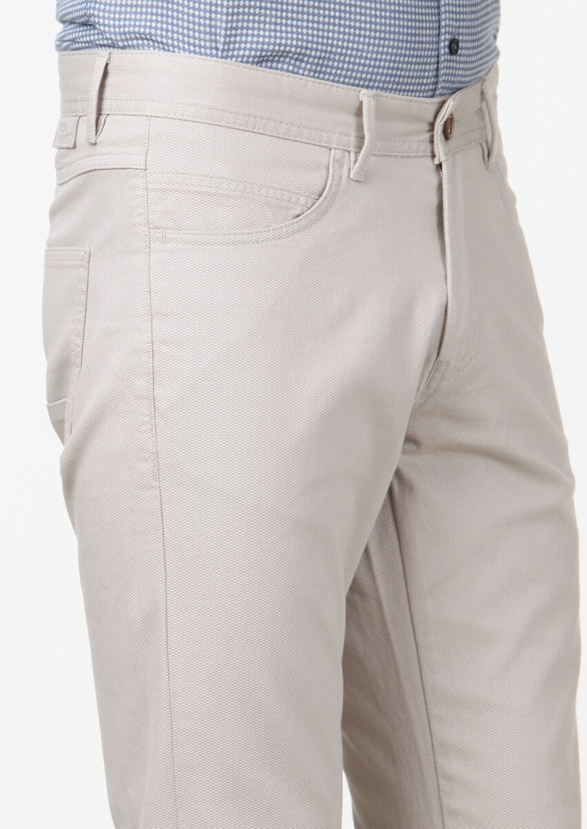 Bej Düz Dokuma Slim Fit Casual Pamuk Karışımlı Pantolon - 3