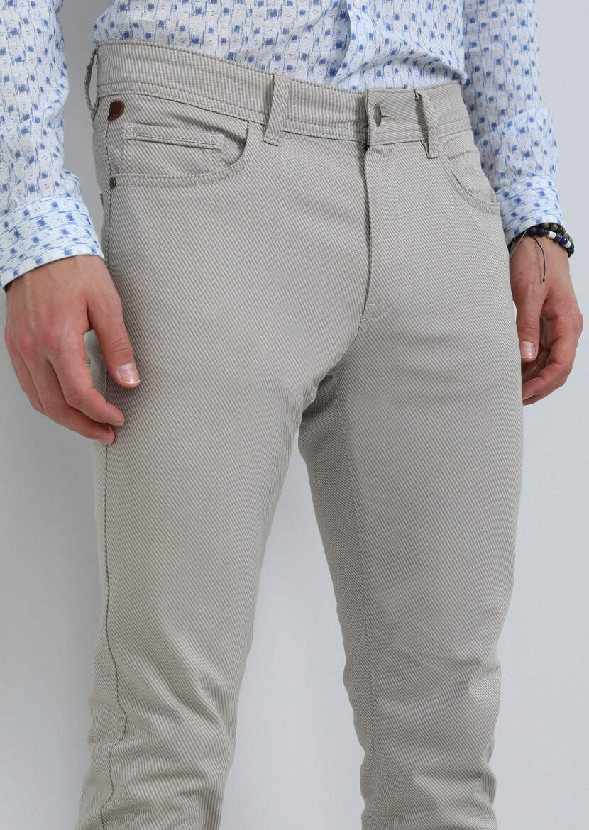 Bej Düz Dokuma Slim Fit Casual Pamuk Karışımlı Pantolon - 3