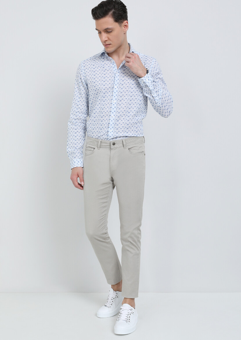 Bej Düz Dokuma Slim Fit Casual Pamuk Karışımlı Pantolon - 4