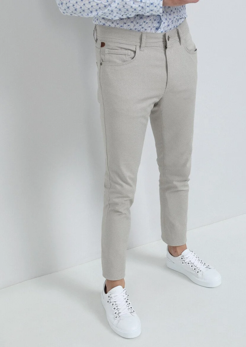 Bej Düz Dokuma Slim Fit Casual Pamuk Karışımlı Pantolon - 2