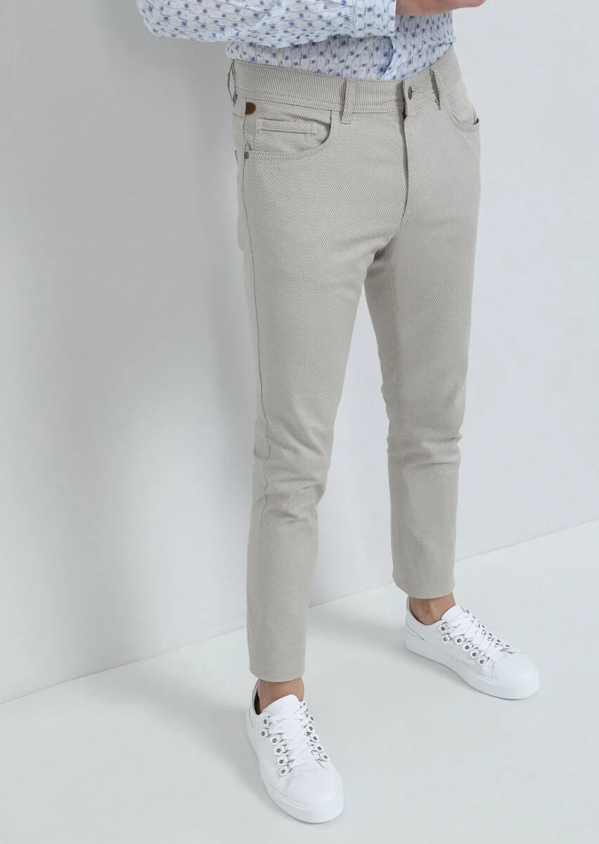 Bej Düz Dokuma Slim Fit Casual Pamuk Karışımlı Pantolon - 2