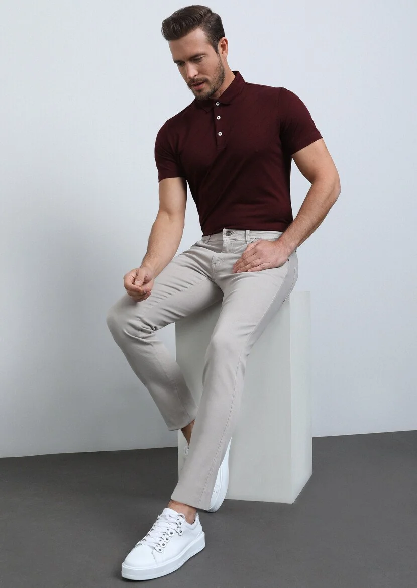 Bej Düz Dokuma Slim Fit Casual Pamuk Karışımlı Pantolon - 1