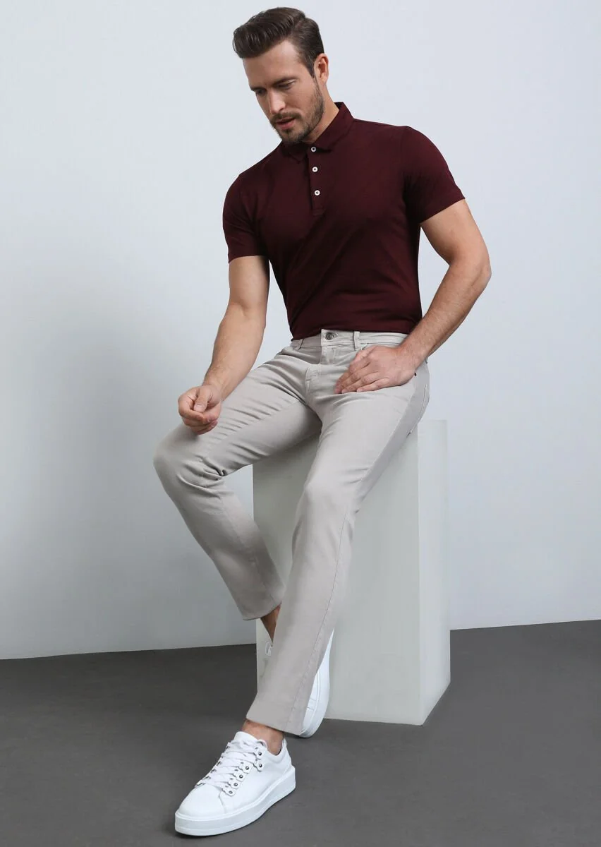 Bej Düz Dokuma Slim Fit Casual Pamuk Karışımlı Pantolon - 1