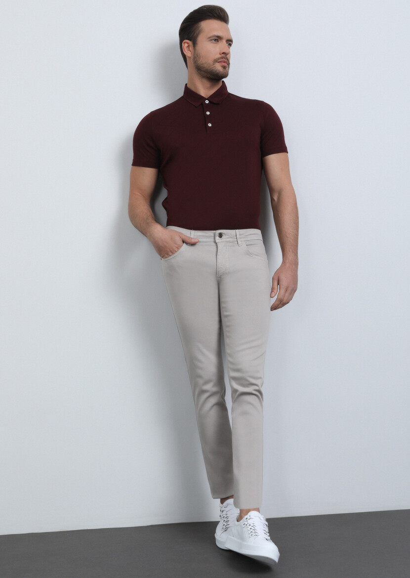 Bej Düz Dokuma Slim Fit Casual Pamuk Karışımlı Pantolon - 4