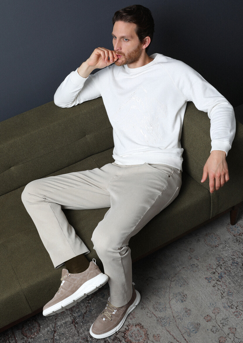 Bej Düz Dokuma Slim Fit Casual Pamuk Karışımlı Pantolon 