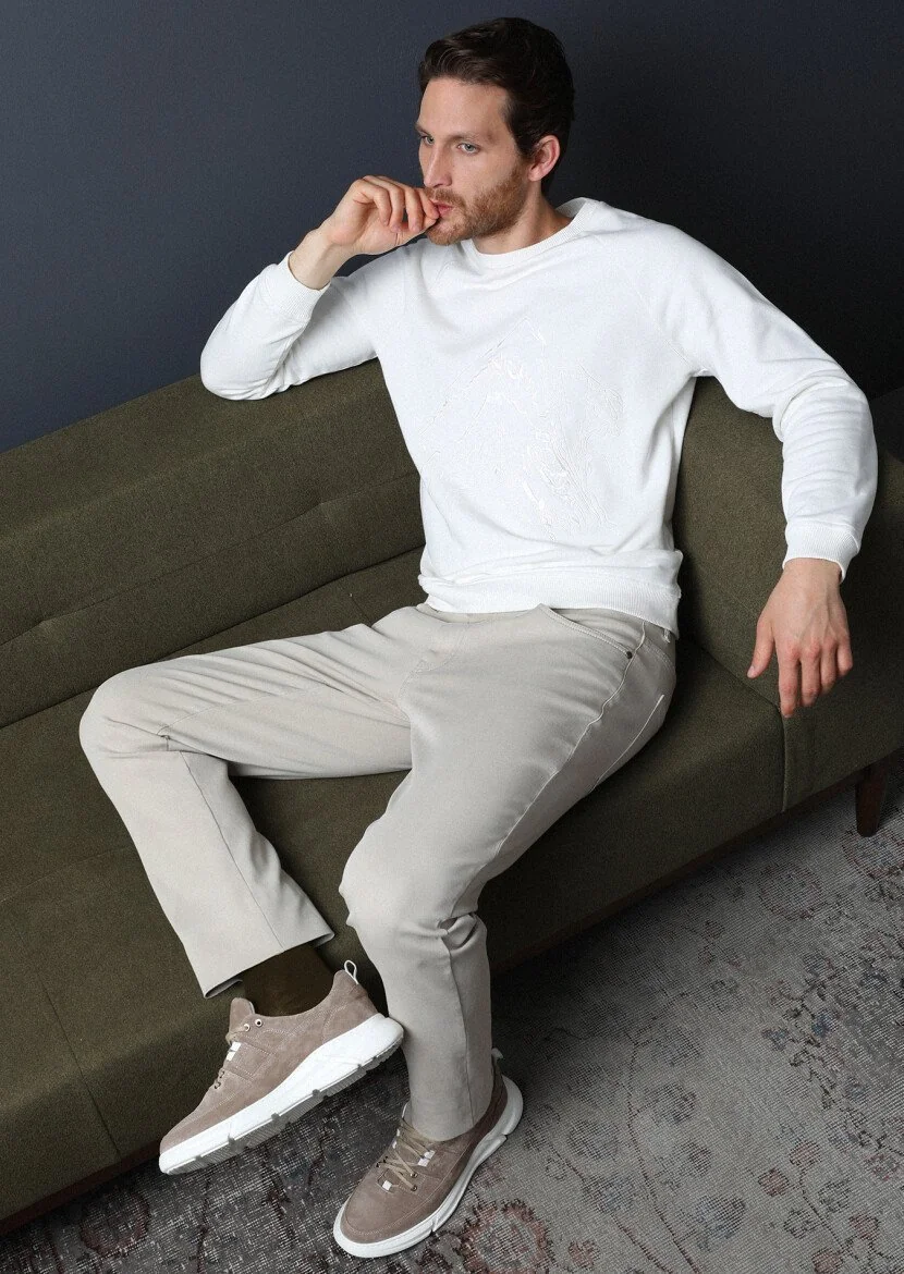 Bej Düz Dokuma Slim Fit Casual Pamuk Karışımlı Pantolon - 1