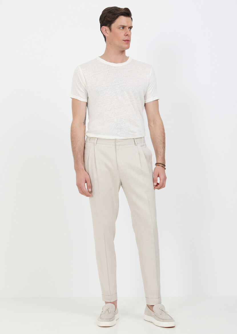 Bej Düz Dokuma Slim Fit Casual Pamuk Karışımlı Pantolon - 1
