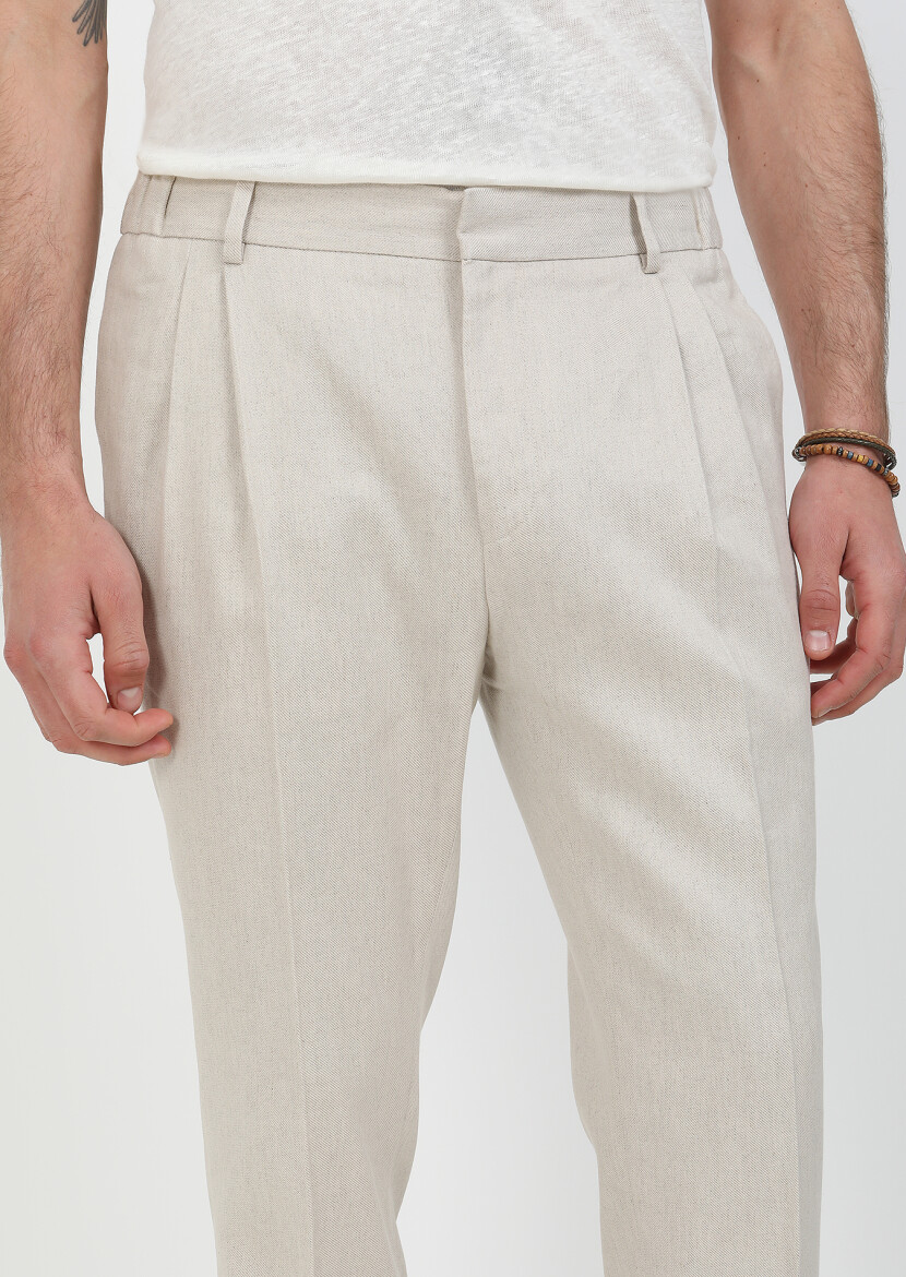 Bej Düz Dokuma Slim Fit Casual Pamuk Karışımlı Pantolon - 2
