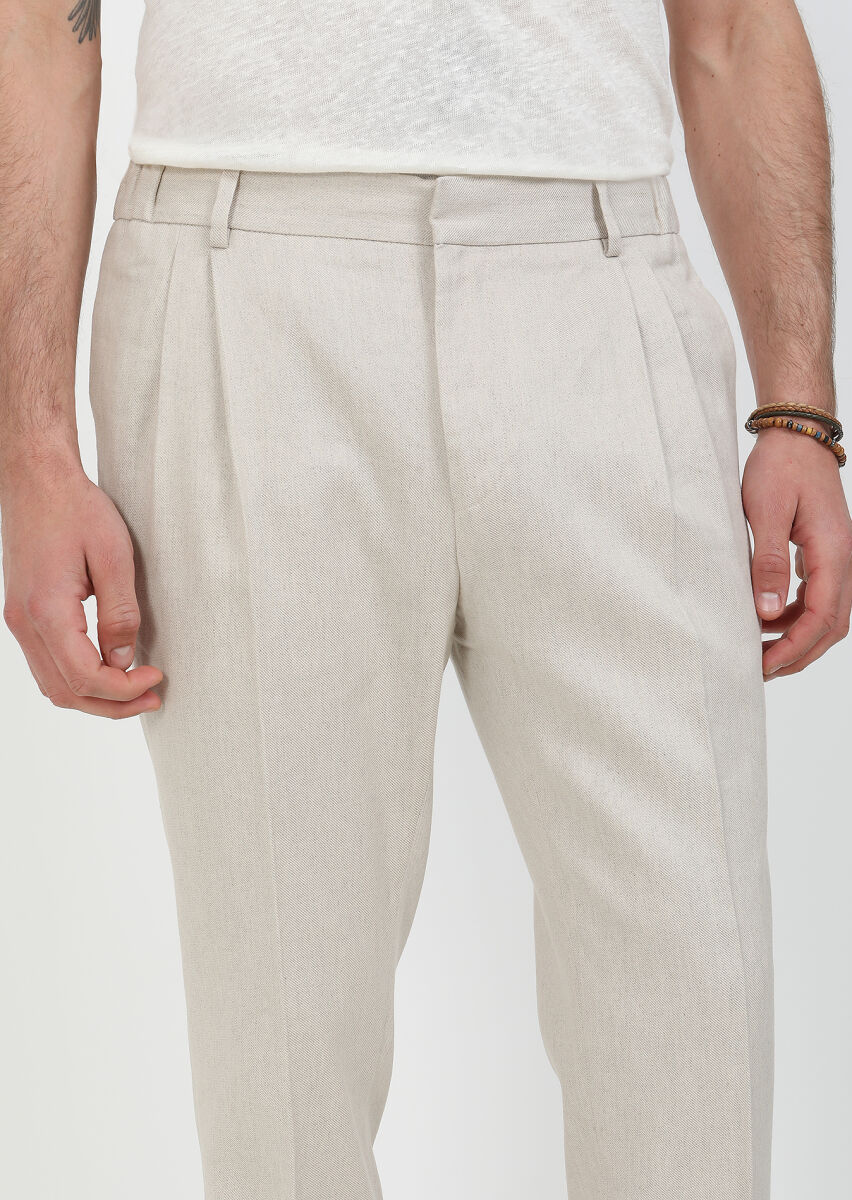 Bej Düz Dokuma Slim Fit Casual Pamuk Karışımlı Pantolon - 2