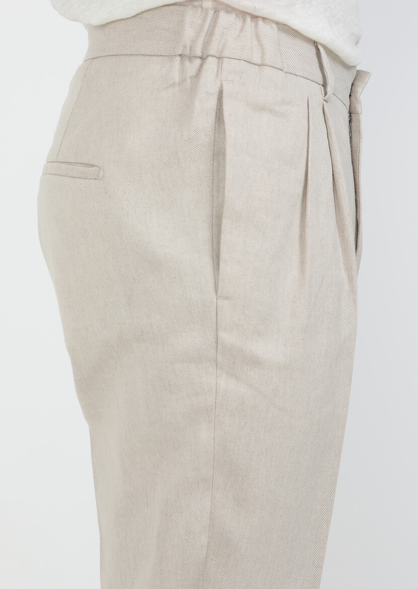 Bej Düz Dokuma Slim Fit Casual Pamuk Karışımlı Pantolon - 3