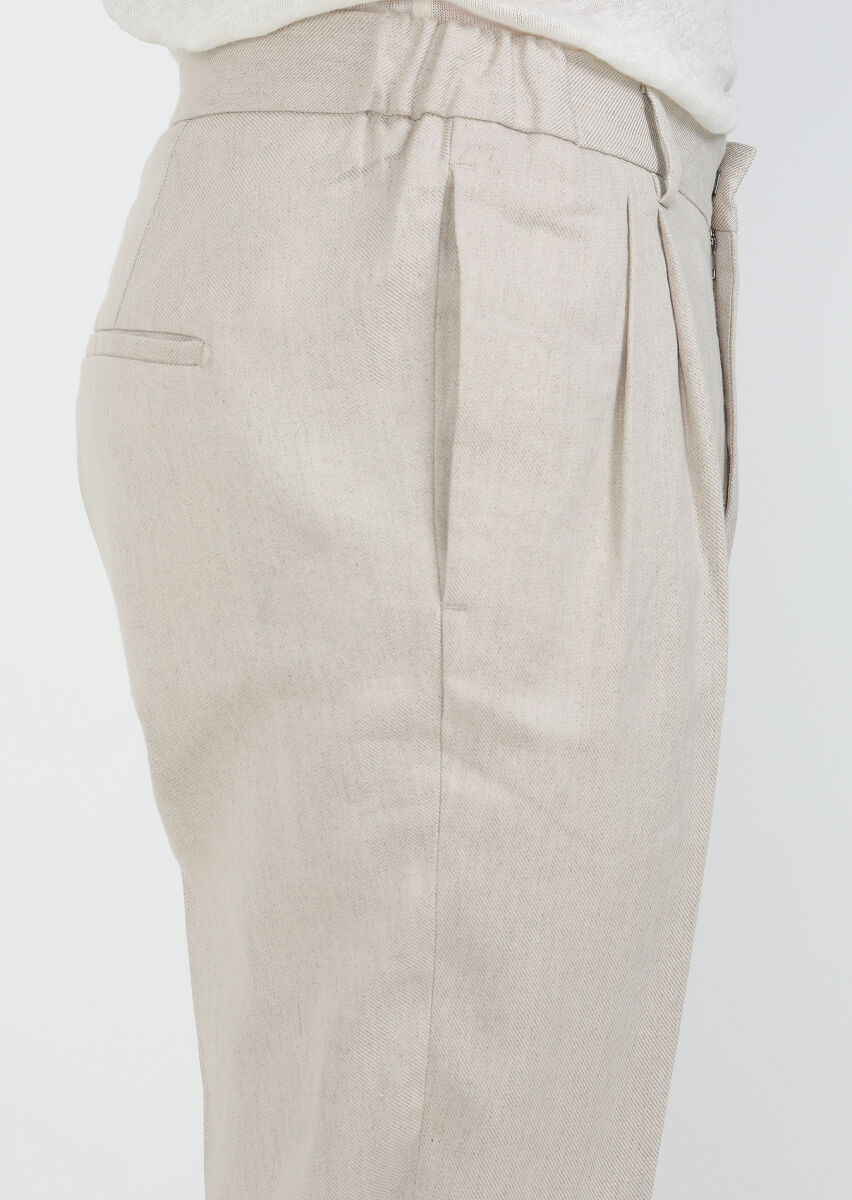 Bej Düz Dokuma Slim Fit Casual Pamuk Karışımlı Pantolon - 3