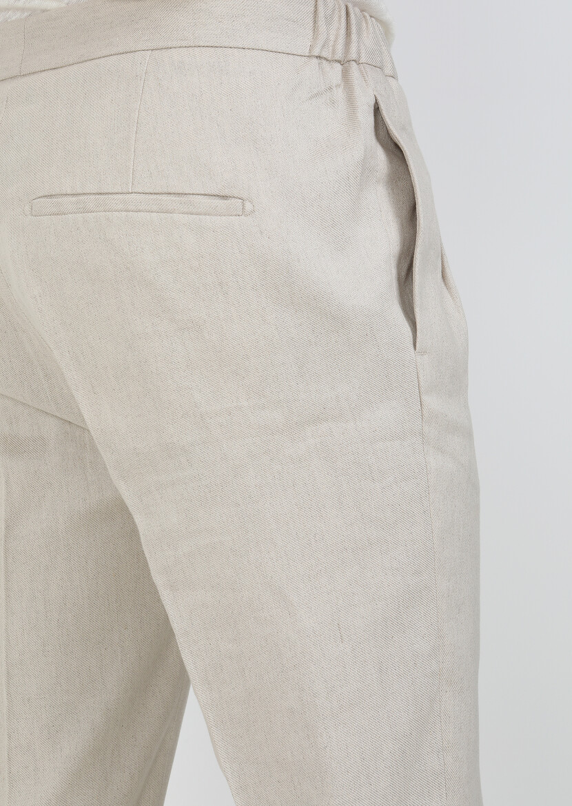 Bej Düz Dokuma Slim Fit Casual Pamuk Karışımlı Pantolon - 4