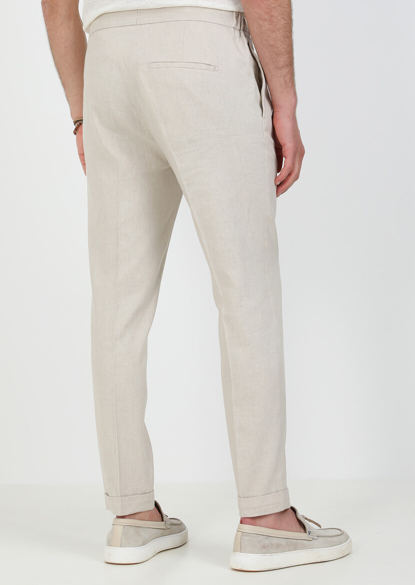 Bej Düz Dokuma Slim Fit Casual Pamuk Karışımlı Pantolon - 5