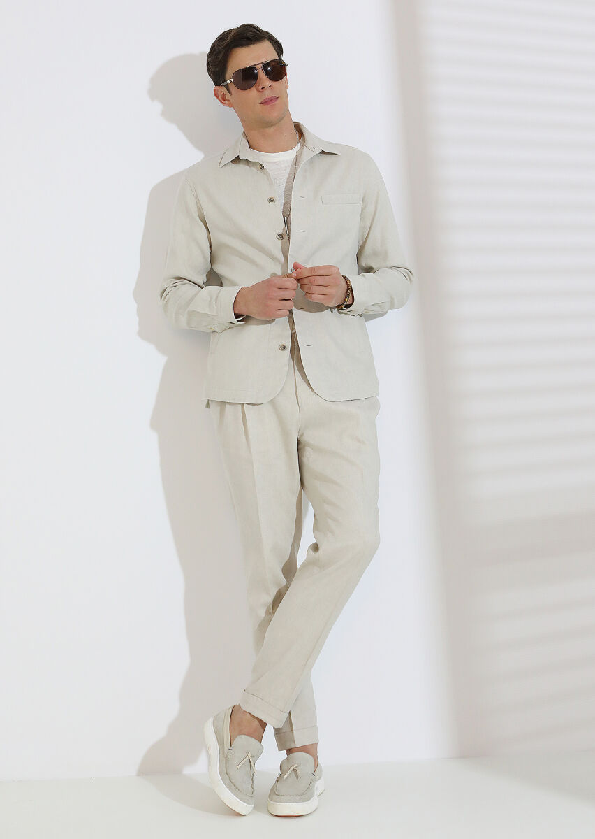 Bej Düz Dokuma Slim Fit Casual Pamuk Karışımlı Pantolon - 6