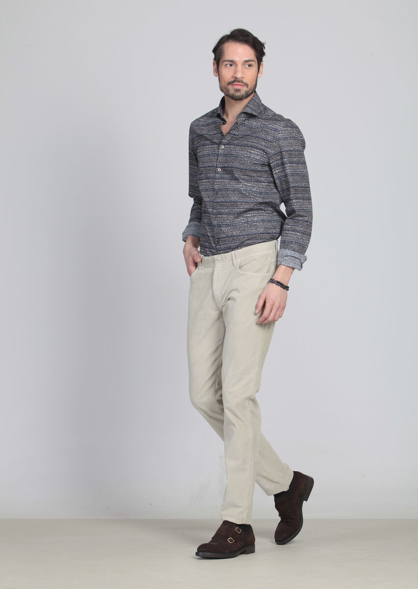 Bej Düz Dokuma Slim Fit Kadife Casual Pamuk Karışımlı Pantolon - 3