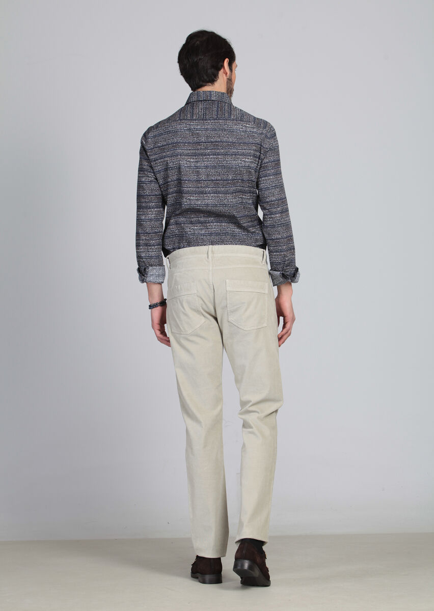 Bej Düz Dokuma Slim Fit Kadife Casual Pamuk Karışımlı Pantolon - 4