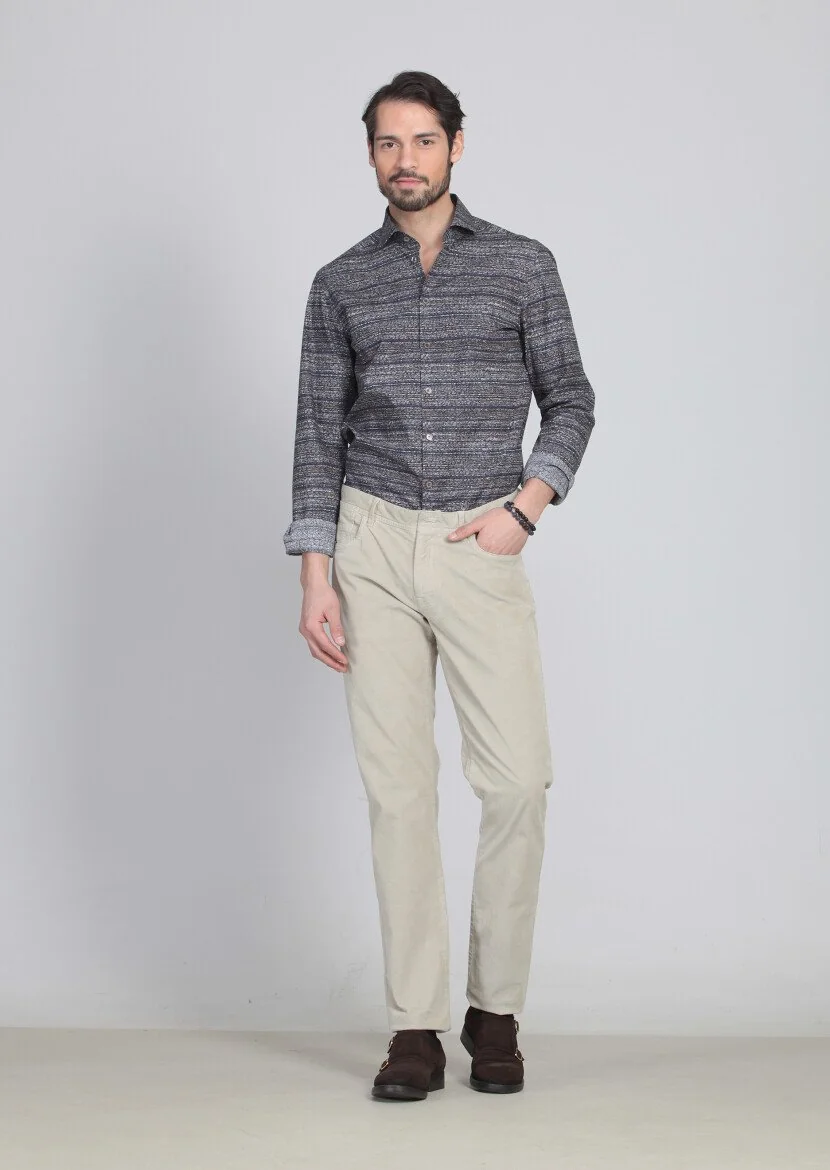 Bej Düz Dokuma Slim Fit Kadife Casual Pamuk Karışımlı Pantolon 