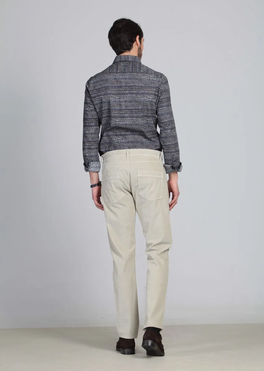 Bej Düz Dokuma Slim Fit Kadife Casual Pamuk Karışımlı Pantolon - 5