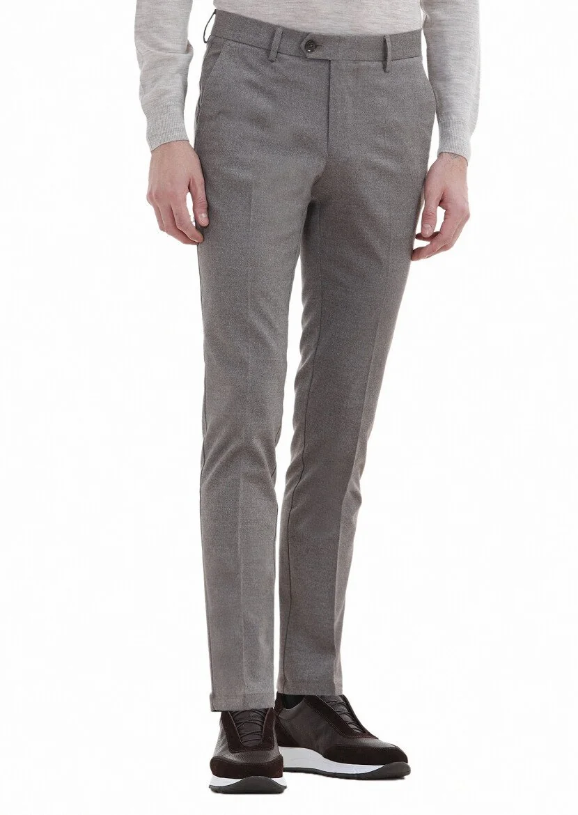 Bej Düz Dokuma Slim Fit Klasik Pantolon 