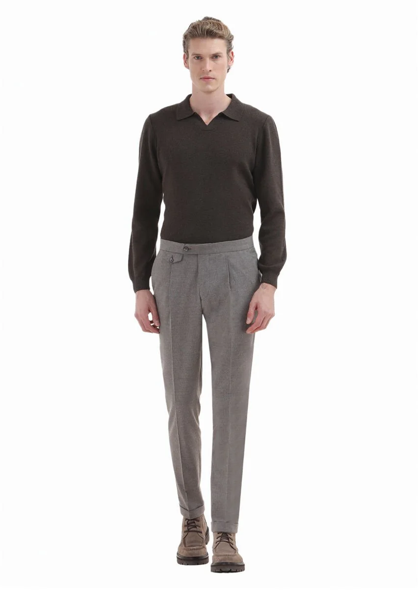 Bej Düz Kumaş Modern Fit Klasik Pantolon - 1