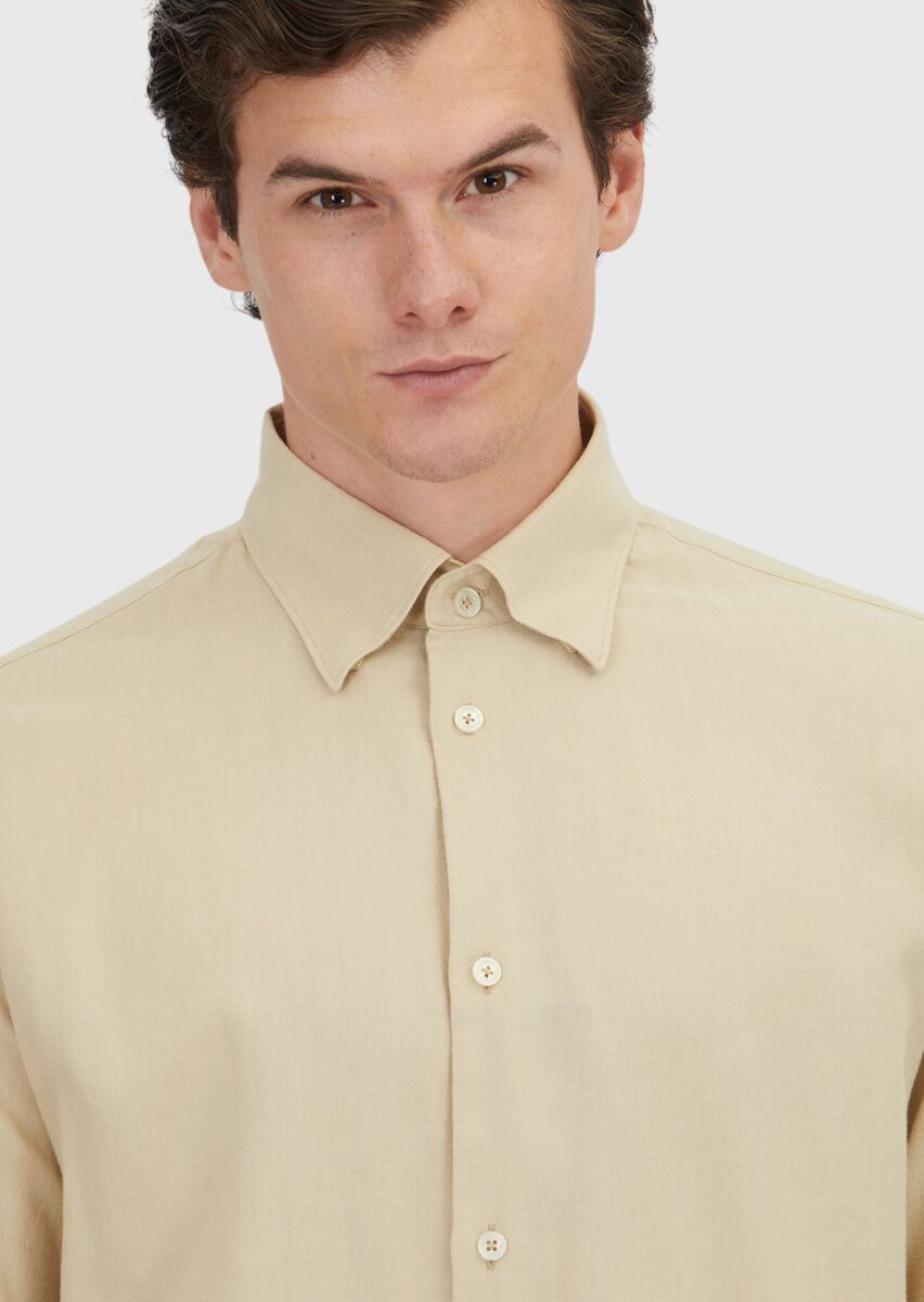 Bej Düz Loose Fit Dokuma Casual Yün Karışımlı Gömlek - 3