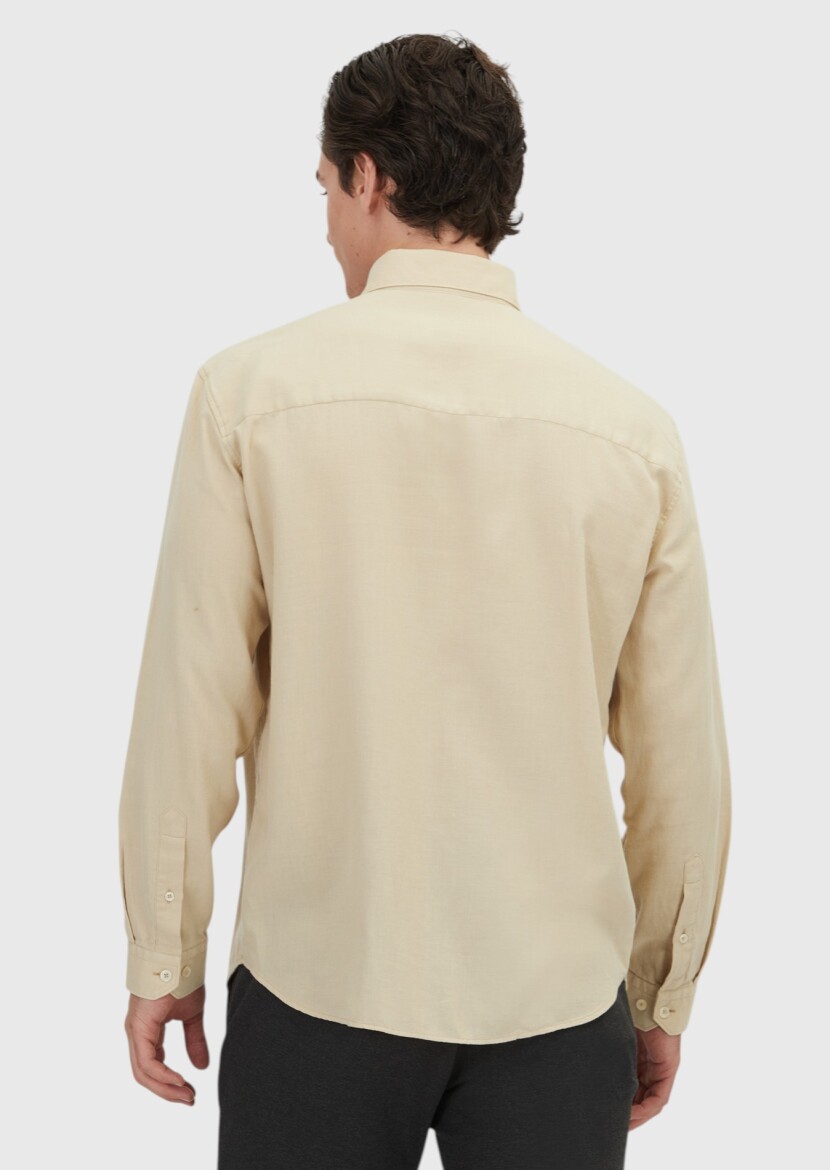 Bej Düz Loose Fit Dokuma Casual Yün Karışımlı Gömlek - 5