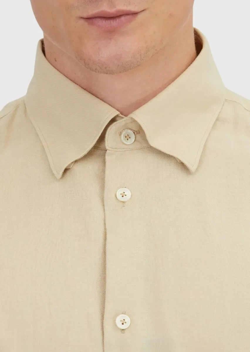 Bej Düz Loose Fit Dokuma Casual Yün Karışımlı Gömlek - 4