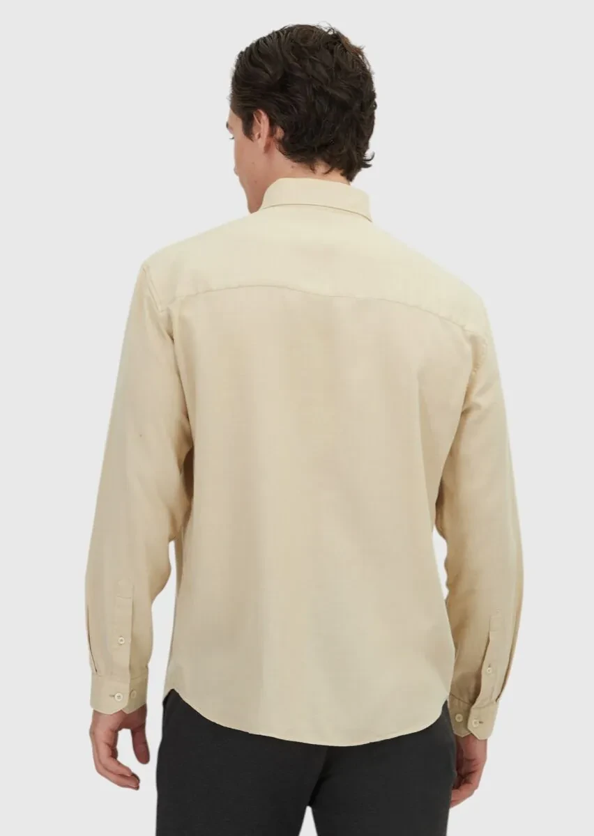 Bej Düz Loose Fit Dokuma Casual Yün Karışımlı Gömlek - 5